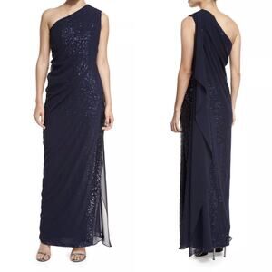 Talbot Runhof One Shoulder Sequined Gown Dress Georgette Overlay Size 6 FLAWS